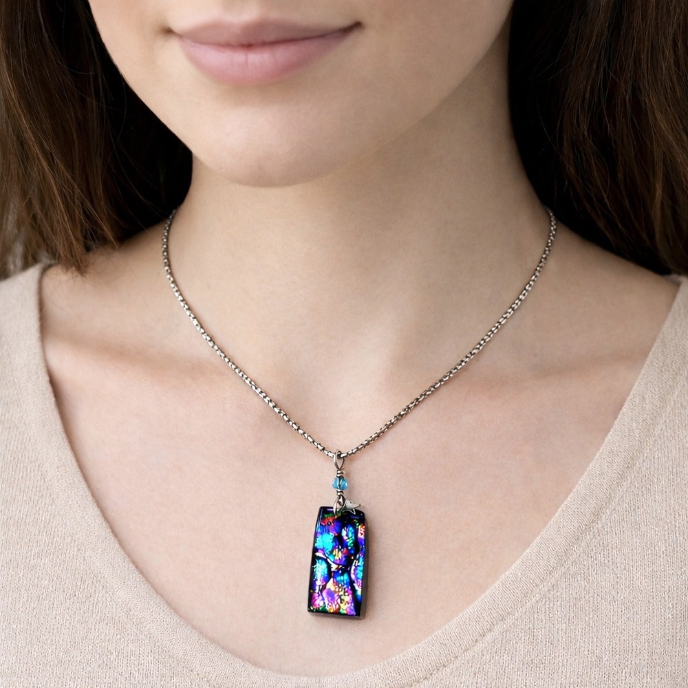 Sterling Silver Dichroic Glass Pendant Necklace 16” Iridescent Gallery Art Glass
